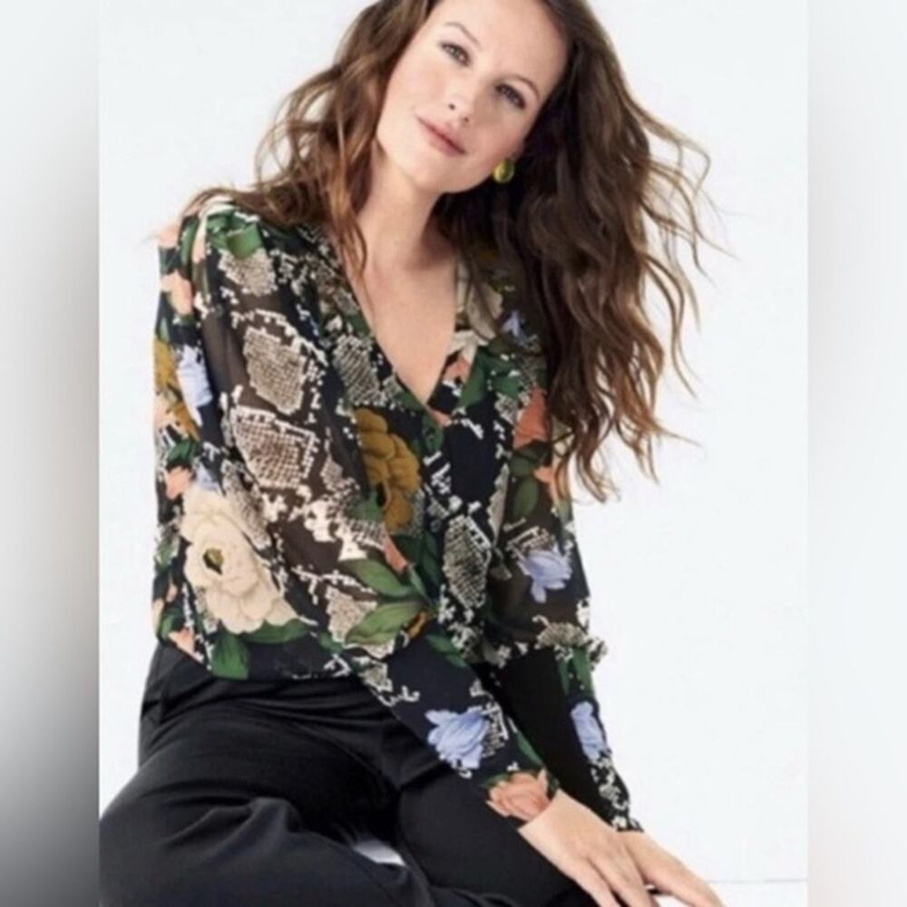Cabi #3762 Snake Charmer Floral Snakeskin Animal Print Balloon Sleeve Sz XL